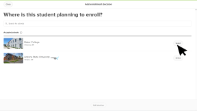 Xello Family account, "Add enrollment decisions" page is open. A cursor is clicking "Select" next to a school